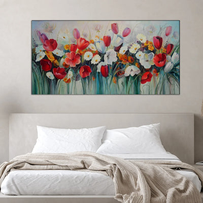 Tulips and Daisies Floral Canvas Painting in Red, White & Orange