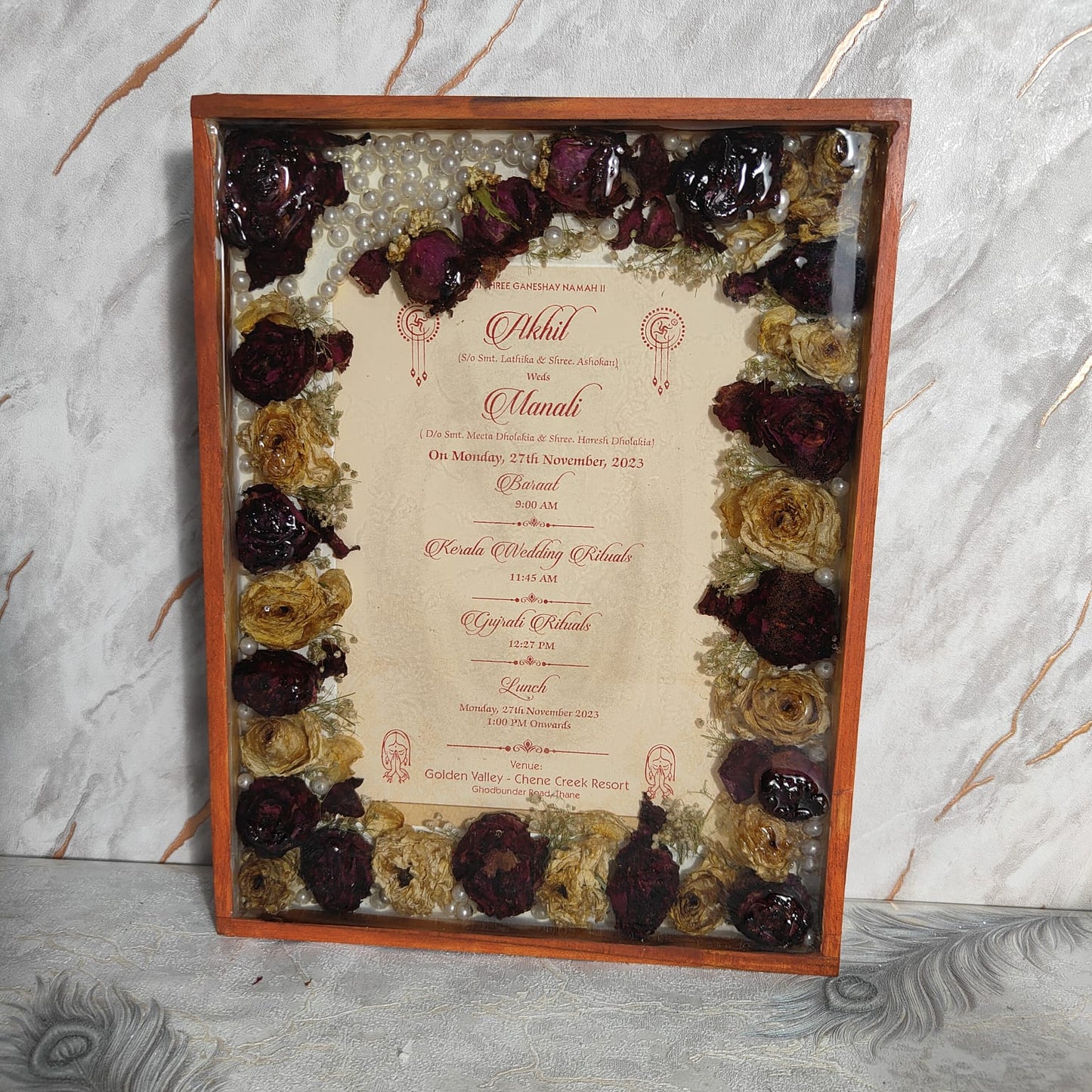 Wedding Varmala Preservation with Invitation Card | Rectangle 11x14 Inch Wooden Memories Frame | Best Gifting Item for Friends's Wedding