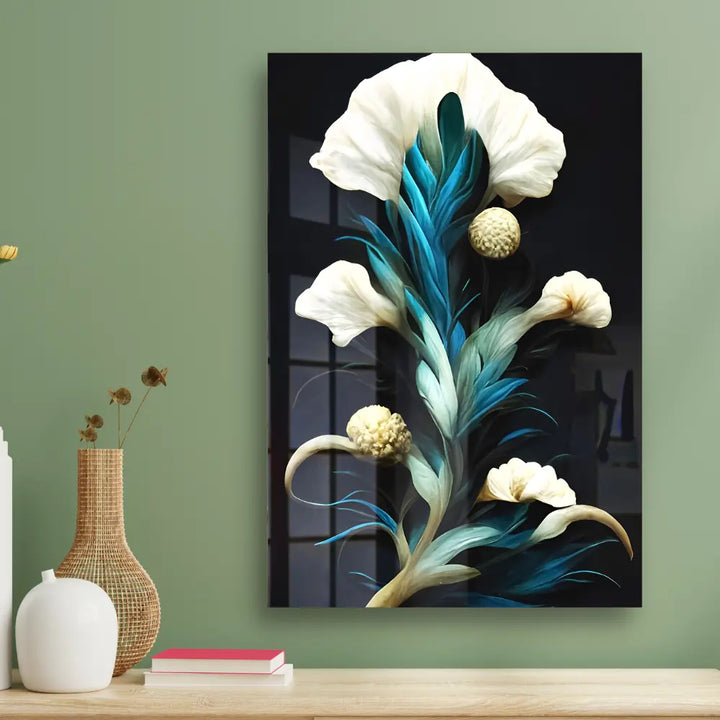 Ivory coral flowers with deep blue leaves in a 3D style glossy acrylic wall art print