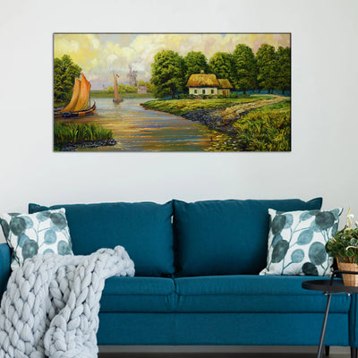 River, Boat and Village Canvas Wall Painting, 48x24