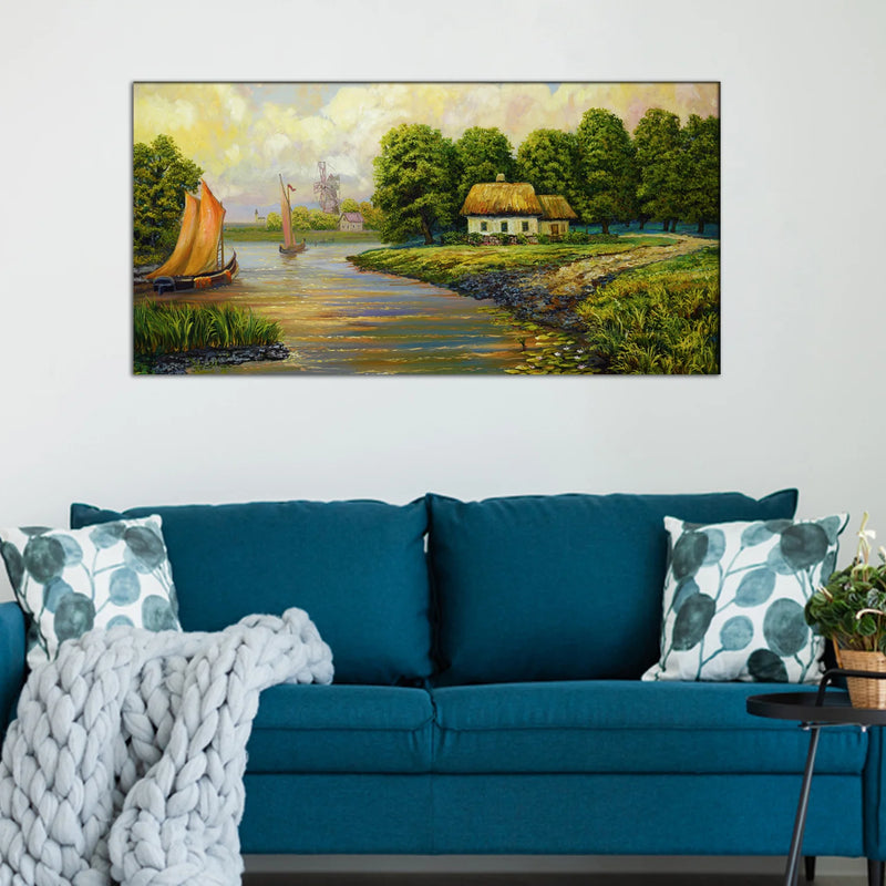 River, Boat & Village Abstract Canvas Wall Painting