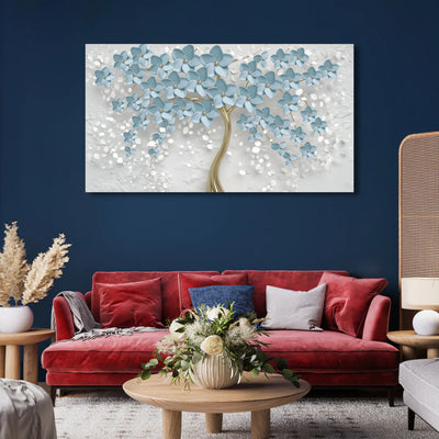Blue Blossom Tree with Golden Trunk Canvas Painting, 48x24