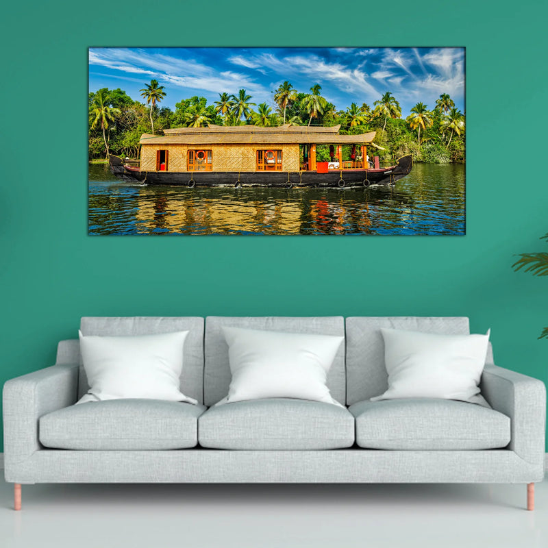 Trees With Houseboat Canvas Print Wall Painting