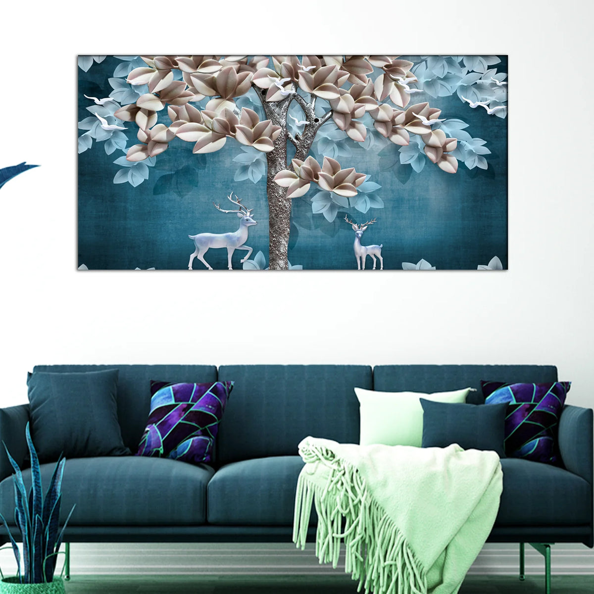 Mystical Deer Under Golden Blossom Tree Canvas Wall Painting