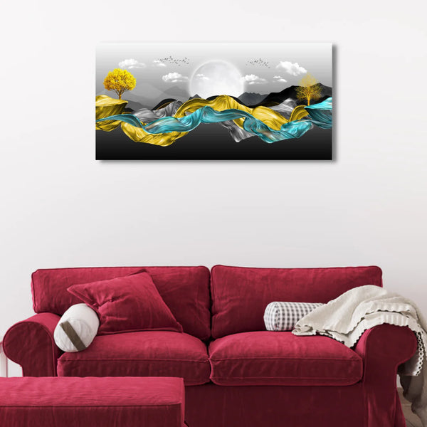 3D Modern Landscape Moon Golden Trees Colorful Wavy Mountains Canvas Print Wall Painting