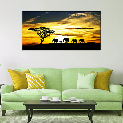 Elephant Family and Acacia Tree at Golden Sunset Canvas, 48x24