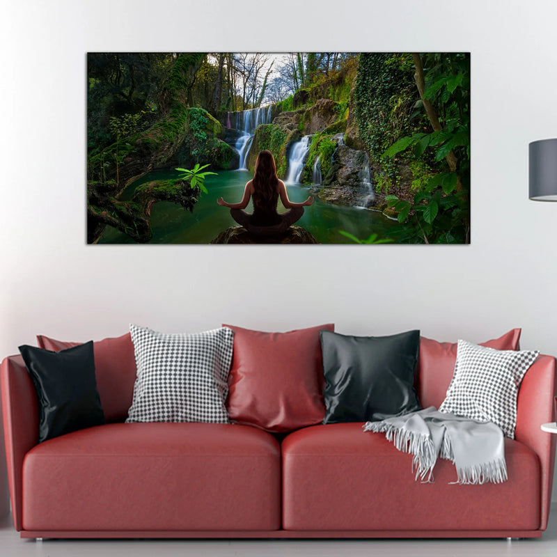 Yoga Woman in front of Waterfall Canvas Wall Painting