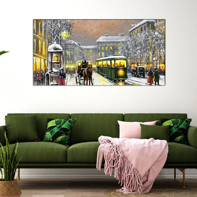 Snowy Street Scenery with Tram Canvas Painting, 48x24
