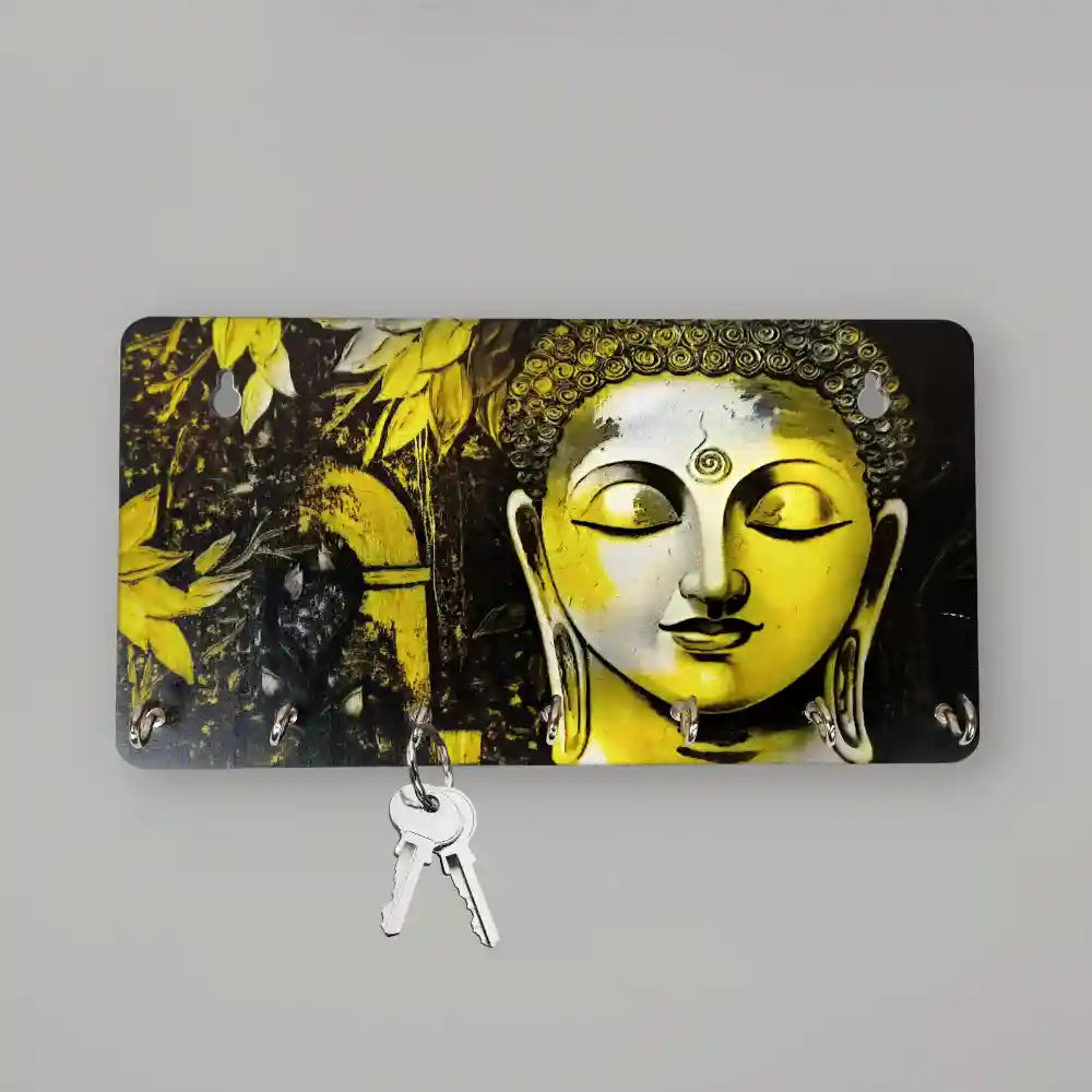 Wooden Art Work Buddha Painting Key Holder for Wall Decor 7 Hooks Key Gift Items for Home, Office, Hall Decoration