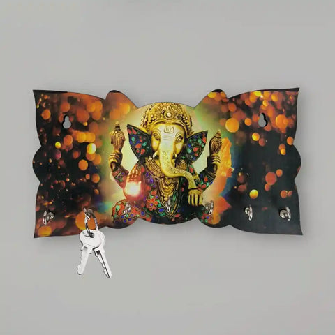 Designer Lord Ganesha Theme Wooden Key Holder with 7 Hooks, Multicolour Keyholder for Home, Office, Livinig Room, Hall ( Multi Colour )