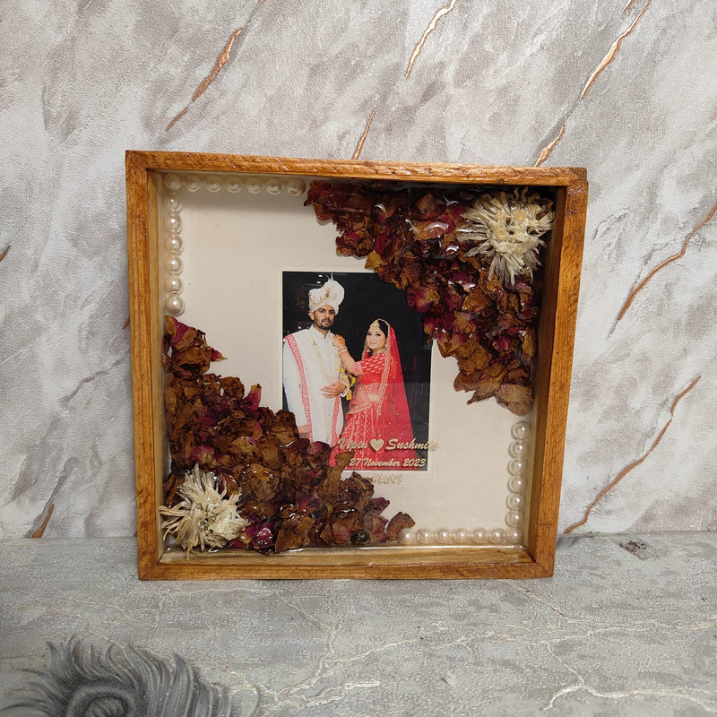 Wedding Varmala Flower Preservation in Square Pinewood Frame | Simple Varmala Preservation Photo Frame (8-Inch) | Personalized & Customized Frame