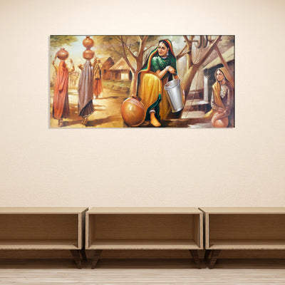 Indian Village Life Women Fetching Water Canvas Painting, 48x24