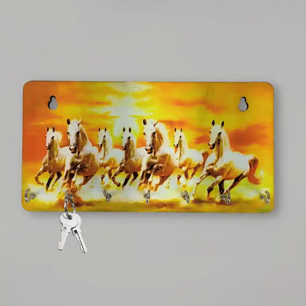 Beautiful Wooden Printed 7 Horses Key Holder 7 Hook Multicolor Key Stand Hanger Wall Mounted for Hanger Hook Stand for Office Room and Gift Items