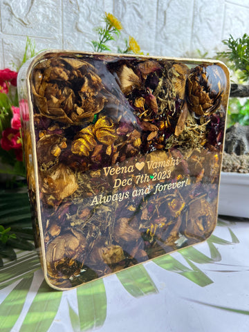 Resin 6inch Block with Lotus Flowers & Red roses petals with Name & Date Varmala Preservation