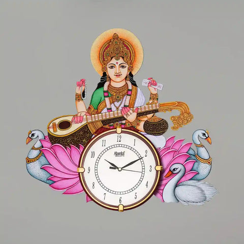 Saraswati Maa Themed Wooden Hand Painted Designer Wall Clock