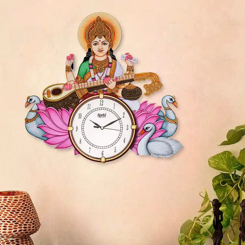 Saraswati MAA Wooden Hand Painted Designer Frame Red Ajanta Dial Wall Clock