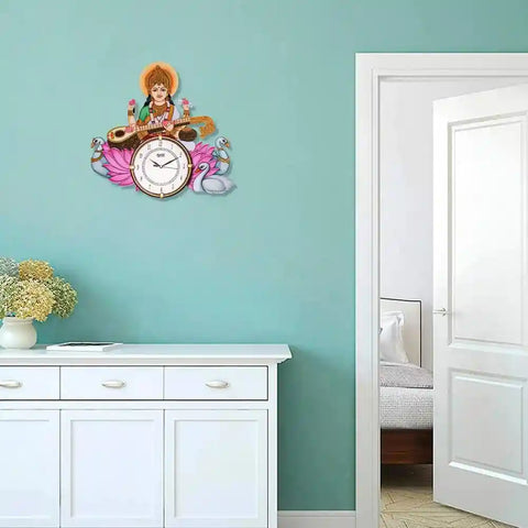 Saraswati Maa Themed Wooden Hand Painted Designer Wall Clock