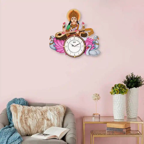 Saraswati Maa Themed Wooden Hand Painted Designer Wall Clock