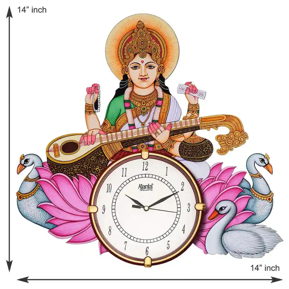 Saraswati MAA Wooden Hand Painted Designer Frame Red Ajanta Dial Wall Clock