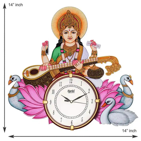 Saraswati Maa Themed Wooden Hand Painted Designer Wall Clock