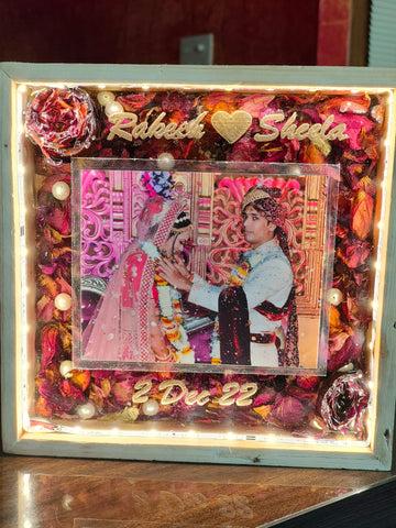 Square Resin Varmala Photo Frame with LED Lights | Custom Wedding Details Preservation (1.5 Inch Depth) | Wedding Momento for Bedroom Decor (8 Inch)