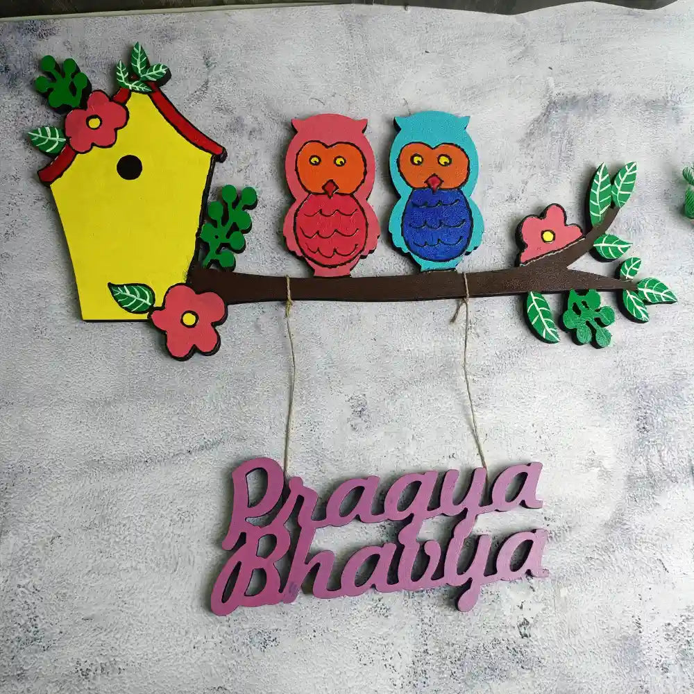 Handmade Kids Nameplate With Multi-Color - Owl On tree