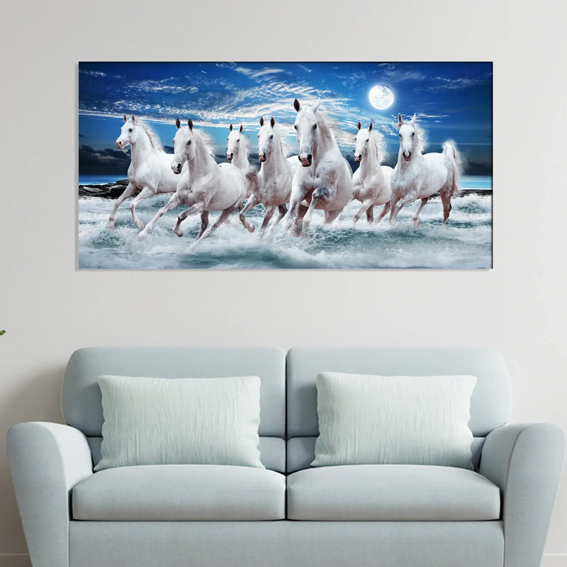 White Seven Horses Canvas Wall Painting
