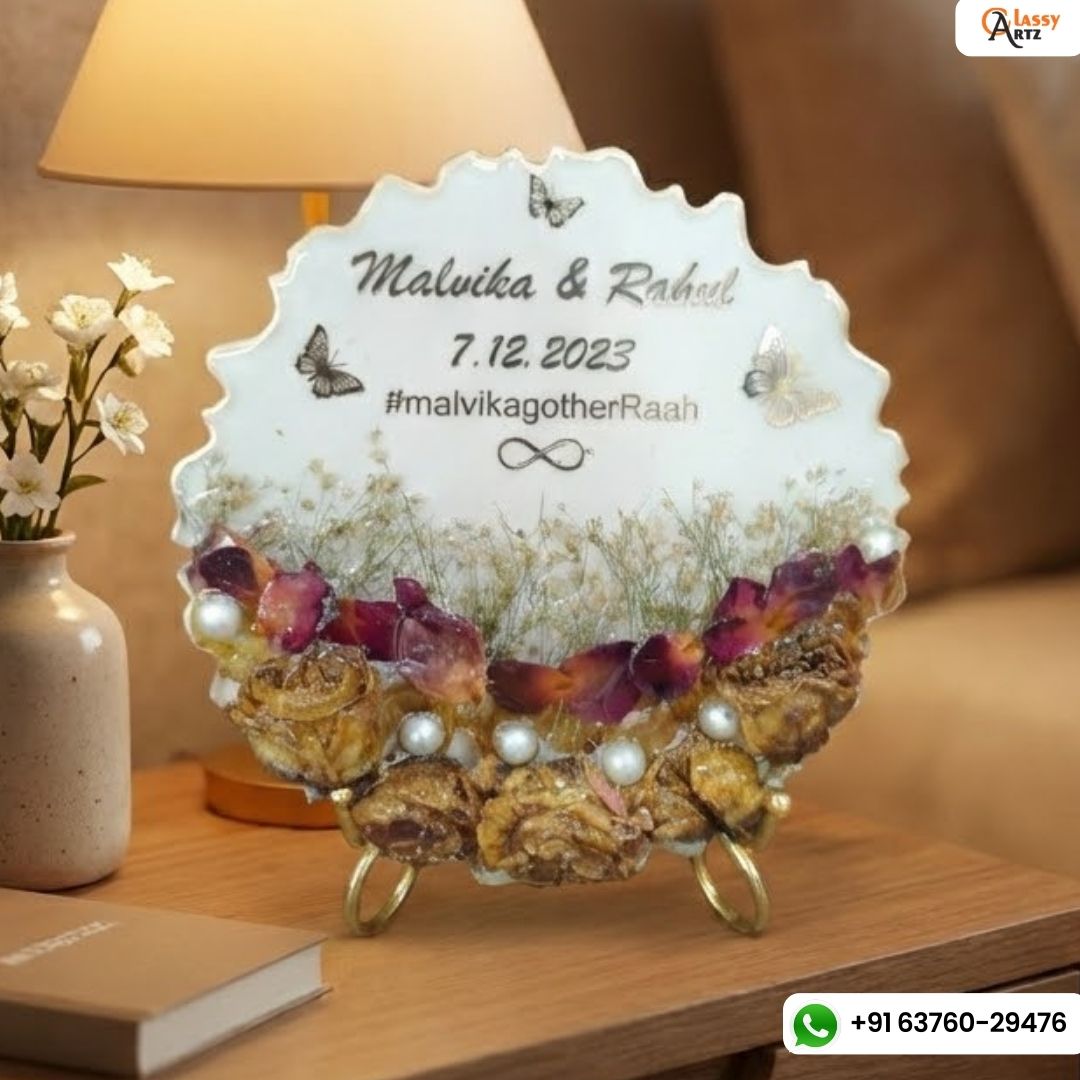 8 inch White 3d varmala preservation curvy frame with names n date
