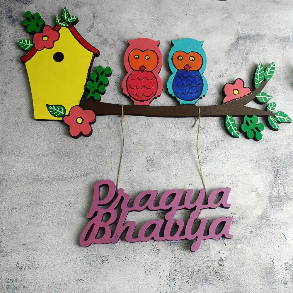 Handmade Kids Nameplate With Multi-Color - Owl On tree