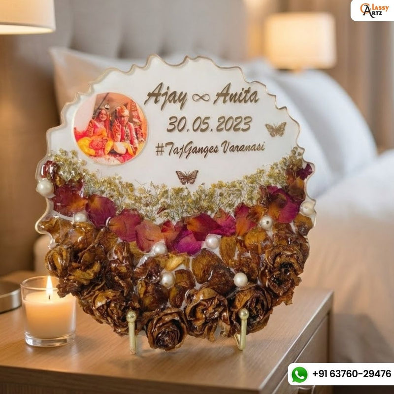 Agate unique 3D flower preservation frame with candle light holder / varmala preservation