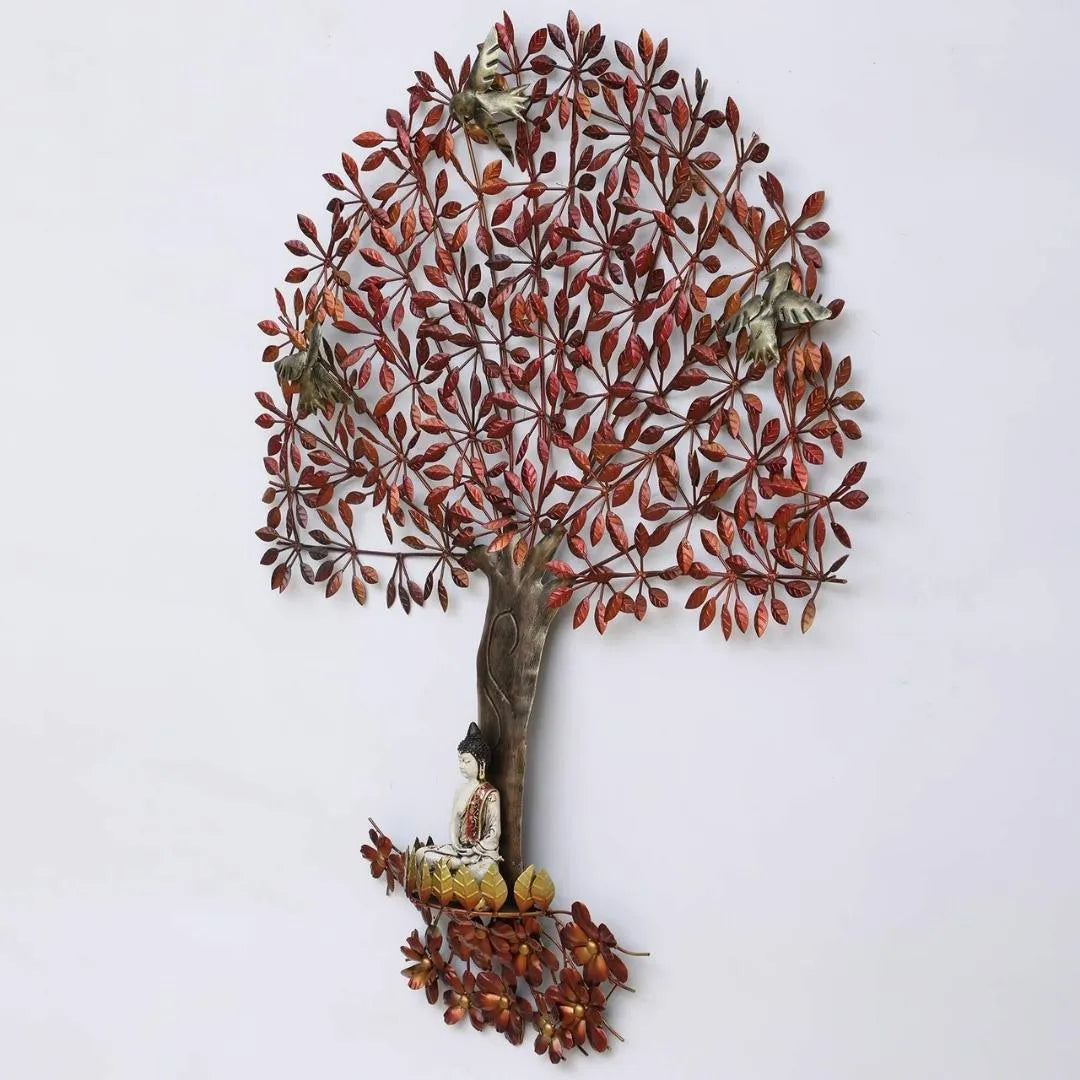 Large Reddish Leafy Tree Metal Wall Art with Buddha Idol