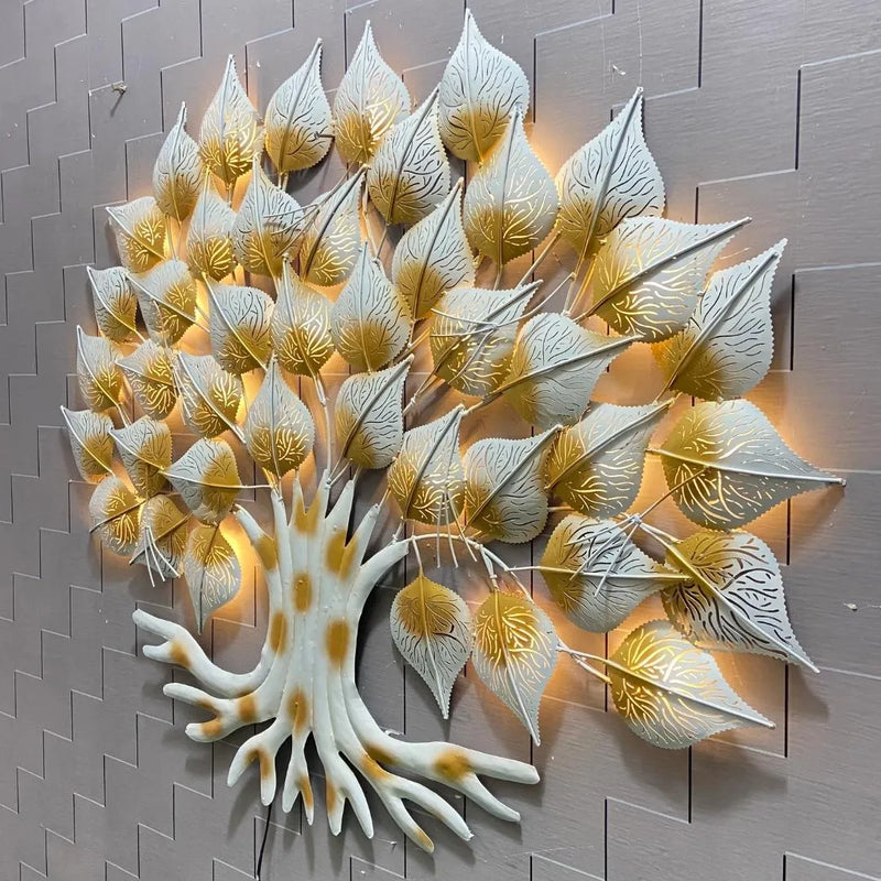 Metallic White Golden Leaf Tree with LED Lights (48"×48") - Metal Wall Decor - Living Room , Bedroom