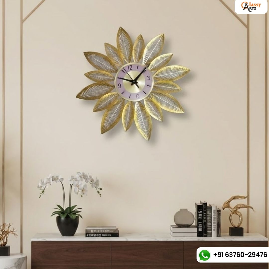 Artistic Golden Metal Leaf Style Wall Clock