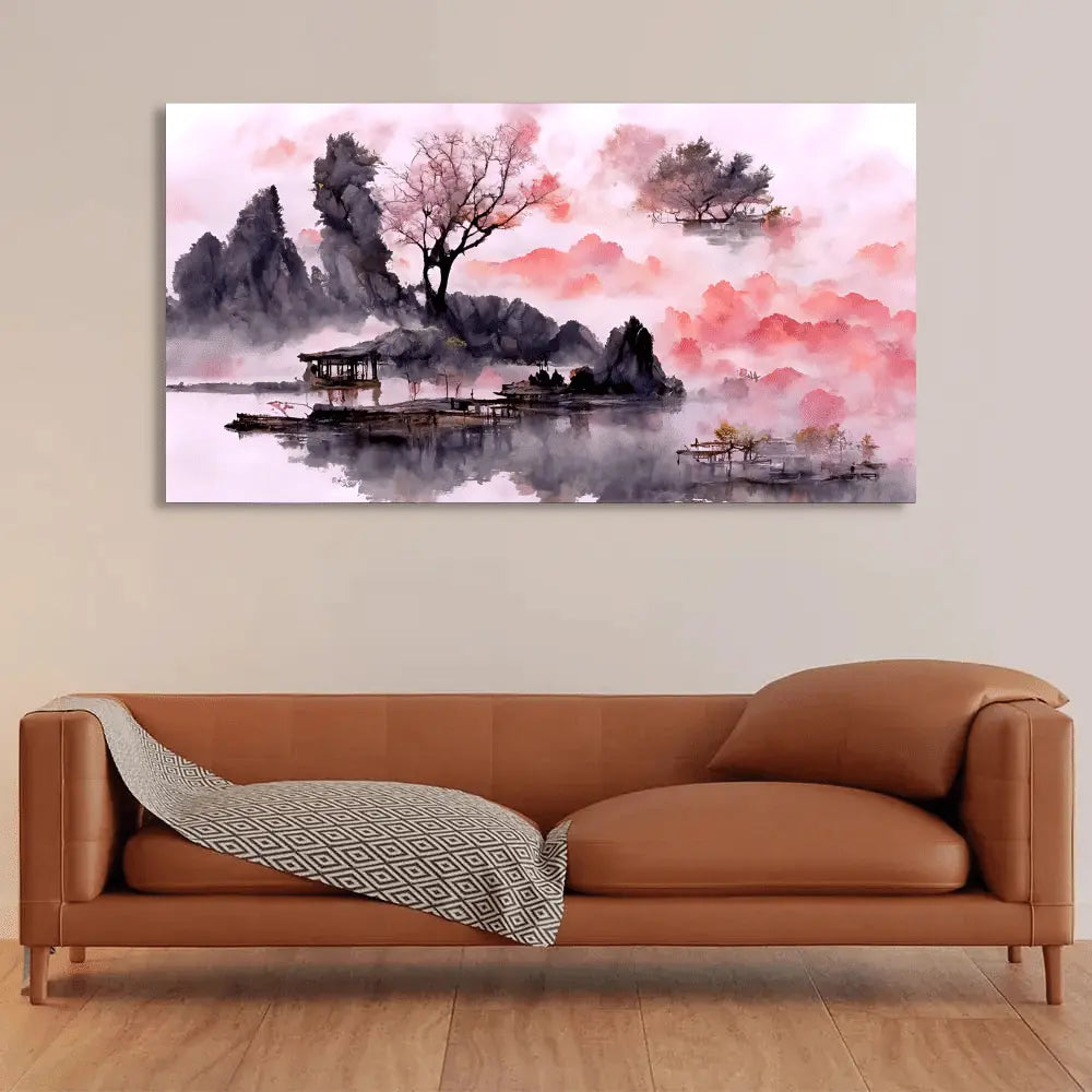 Auspicious Lake View Watercolor Premium Canvas Wall Painting