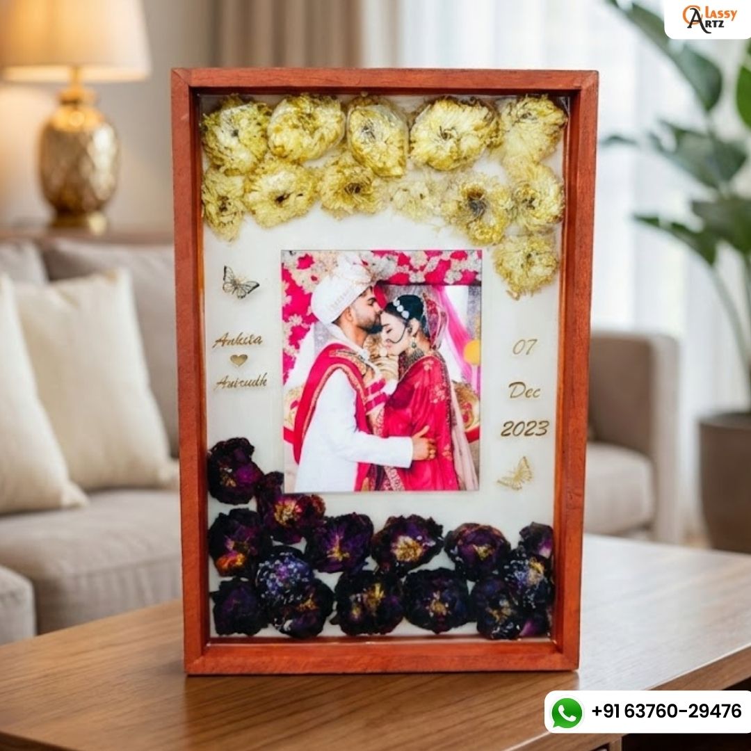 Beautiful red and white flower preservation varmala preservation teakwood frame