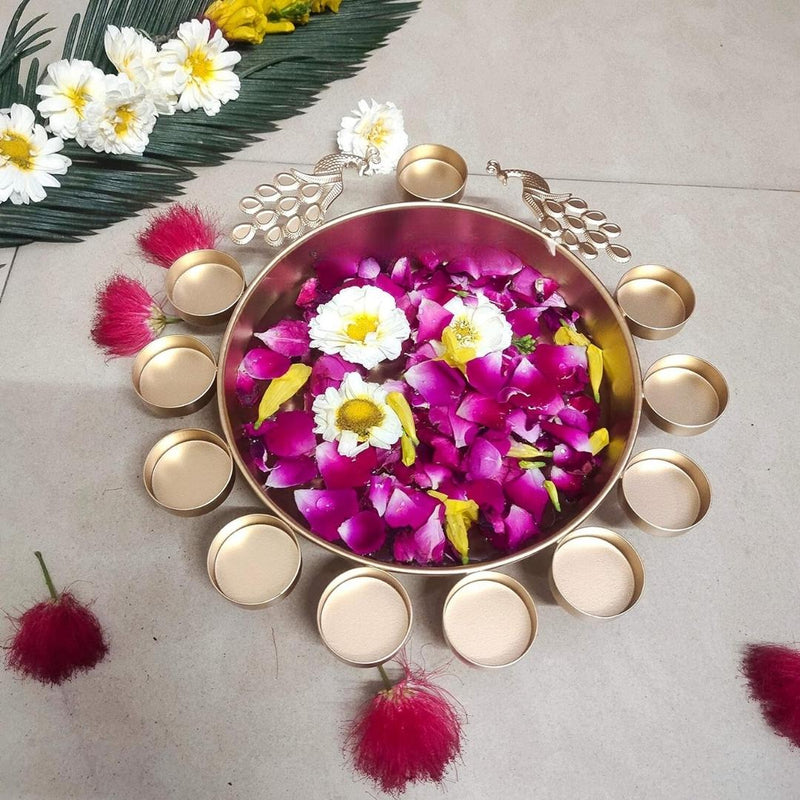Beautiful Peacock Decorative Urli for Floating Flower and Tealight Holder Decorative Peacock Urli for Festive Decor Set of 3 ( Diameter 12,14,16 inches)