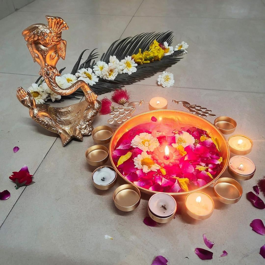 Beautiful Peacock Decorative Urli for Floating Flower and Tealight Holder Decorative Peacock Urli for Festive Decor Set of 3 ( Diameter 12,14,16 inches)