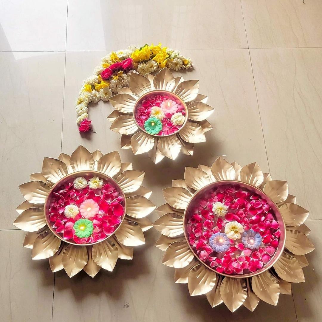 Beautiful Sun Flower Design Decorative Urli Bowl for Floating Flower, Festive Decor, Wedding Decor Set Of 3 ( Diameter 121416 inches)