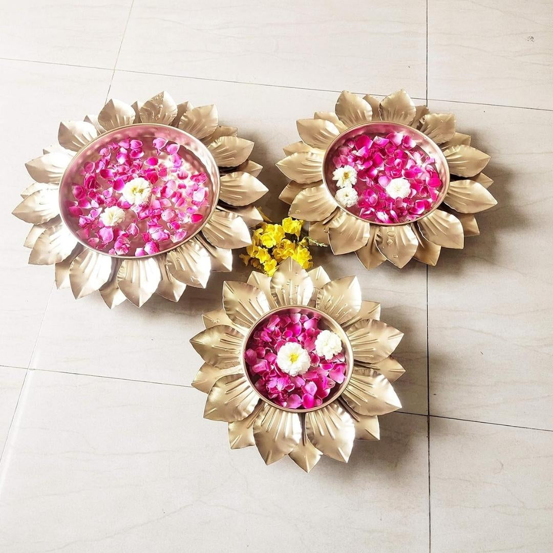 Beautiful Sun Flower Design Decorative Urli Bowl for Floating Flower, Festive Decor, Wedding Decor Set Of 3 ( Diameter 121416 inches)