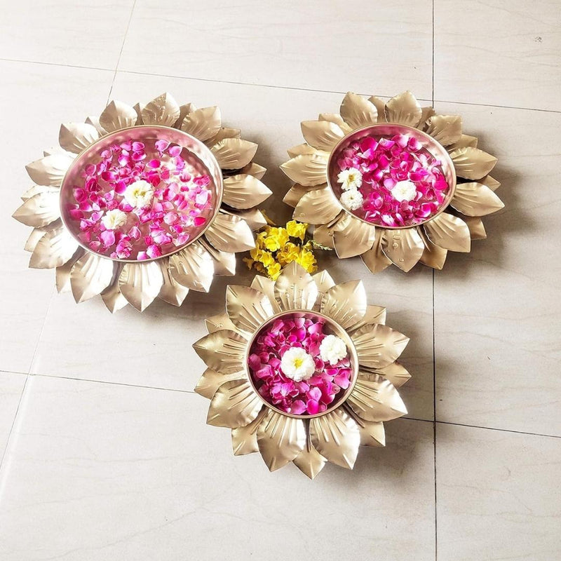 Beautiful Sun Flower Design Decorative Urli Bowl for Floating Flower, Festive Decor, Wedding Decor Set Of 3 ( Diameter 121416 inches)