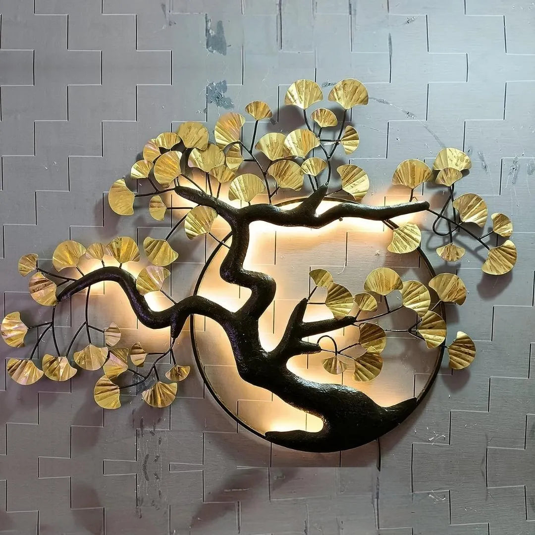 Golden Bonsai Tree Metal Wall Art with LED Lights