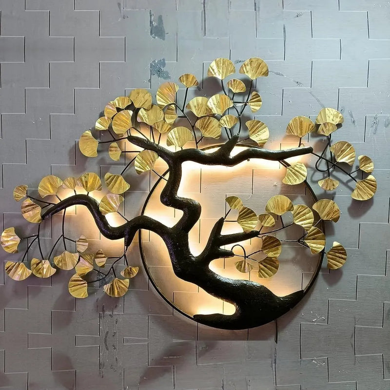 Designer Metal Wall Art: Big Tree Over Moon Metallic Ring with LED Lights - Handcrafted Abstract Sculpture
