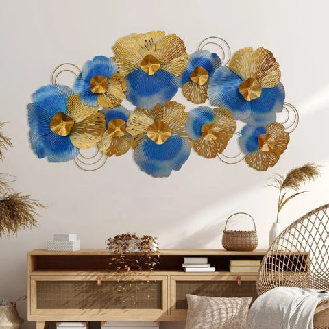 Metal Blue & Golden Flowers Decorative Wall Art (48×24 inches)