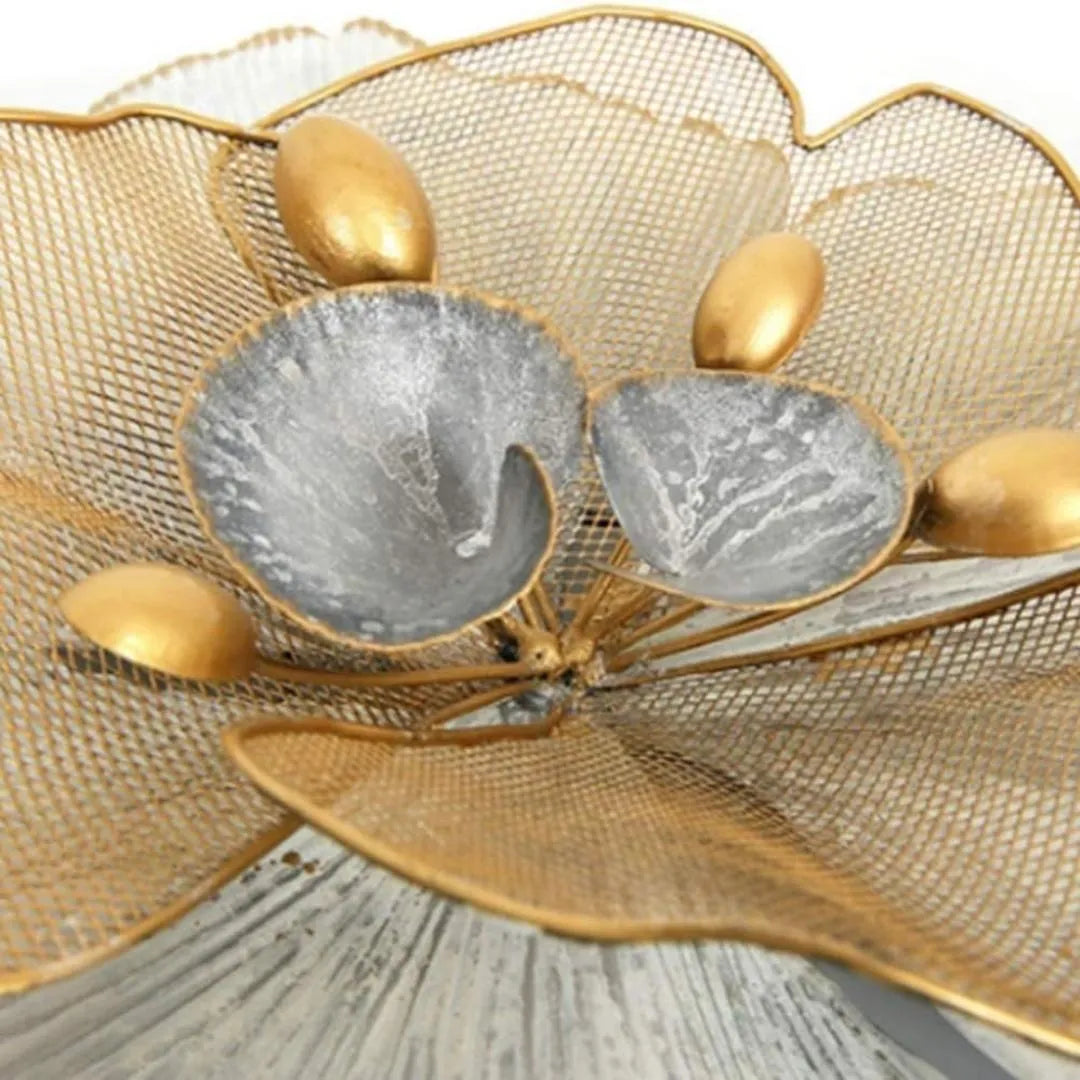 Big Light Blueish Grey & Golden Metal Floral Wall Art (48x24 Inches)