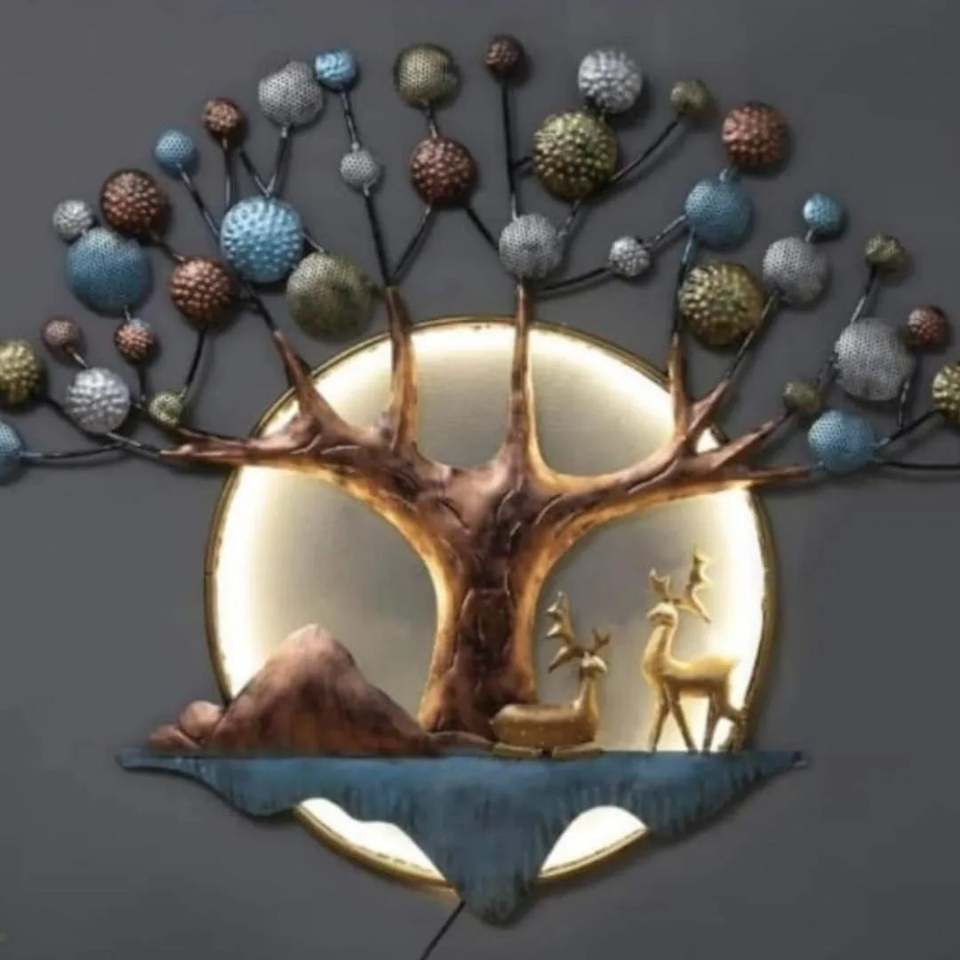 Illuminated Metal Tree & Deer Wall Art (42×36 Inches)
