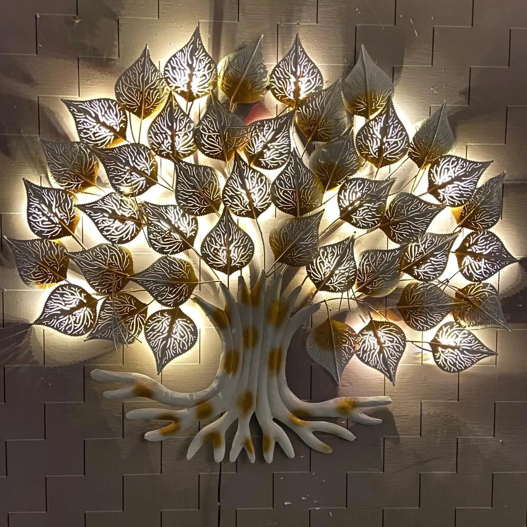 White Golden Leaf Tree Metal Wall Art with LED Lights (48"×48")