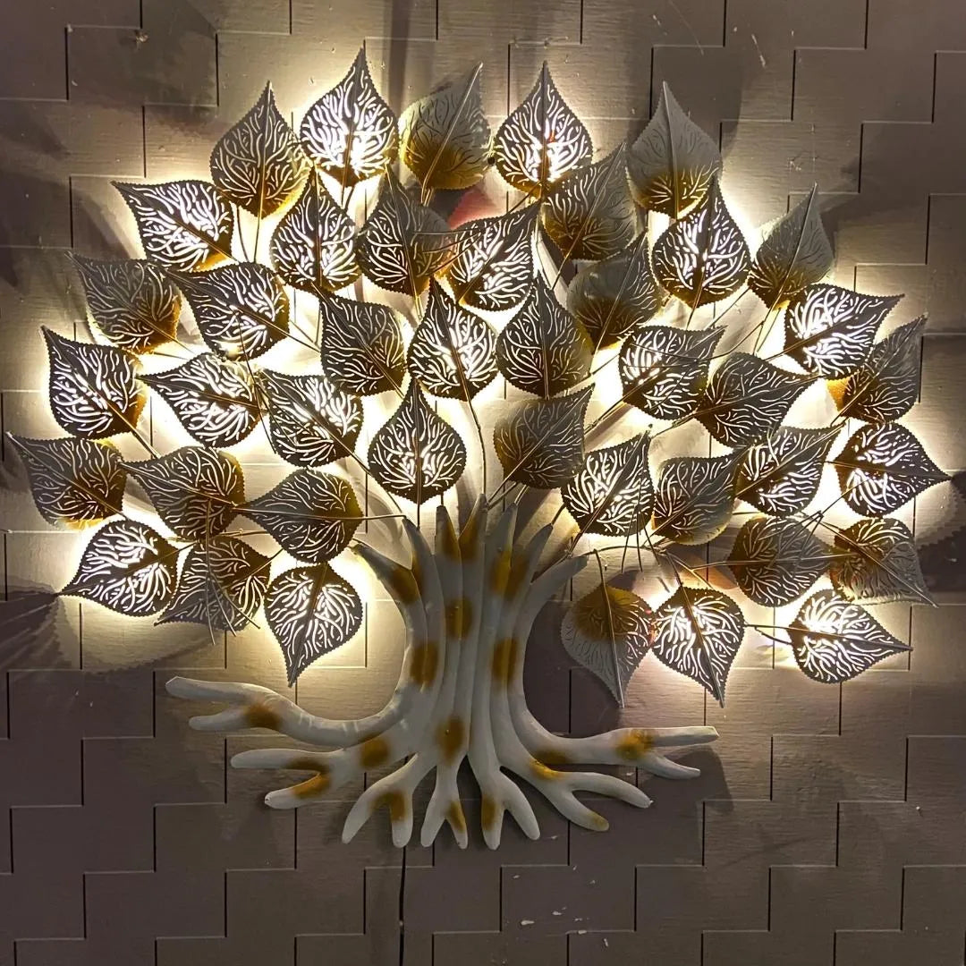 Metallic White Golden Leaf Tree with LED Lights (48"×48") - Metal Wall Decor - Living Room , Bedroom