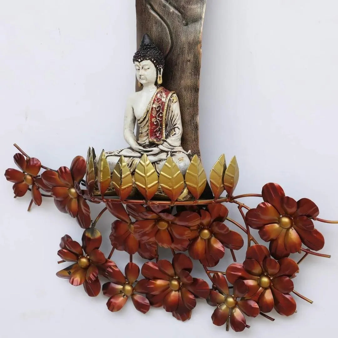 Large Reddish Leafy Tree Metal Wall Art with Buddha Idol