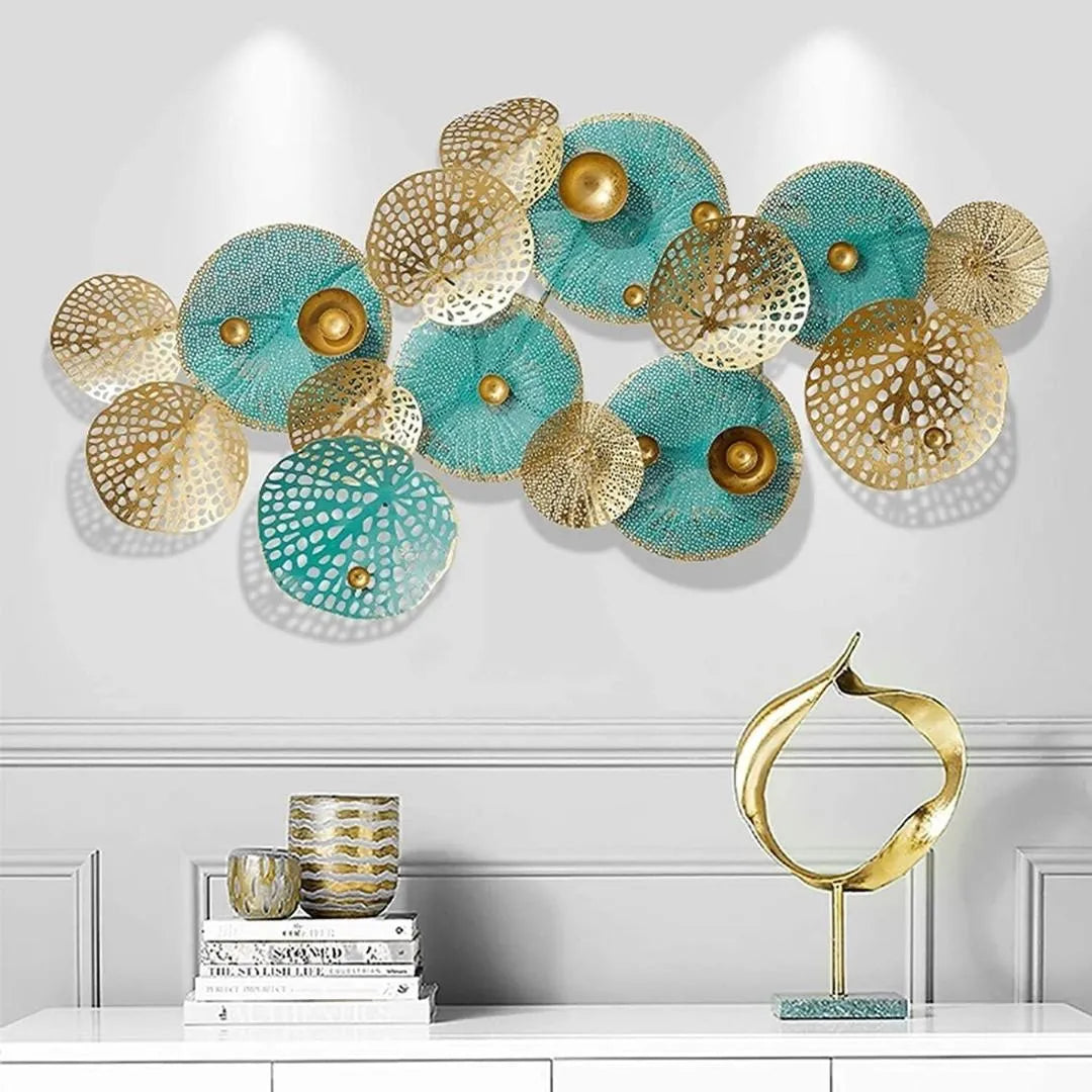 Designer Metal Wall Art: Three-Dimensional Blue & Golden Flowers Decoration - Unique Iron Wall Sculpture for Stylish Interiors (Size-60×30 Inches)