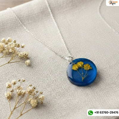 Blue Resin Pendant with Yellow Baby's Breath Flowers